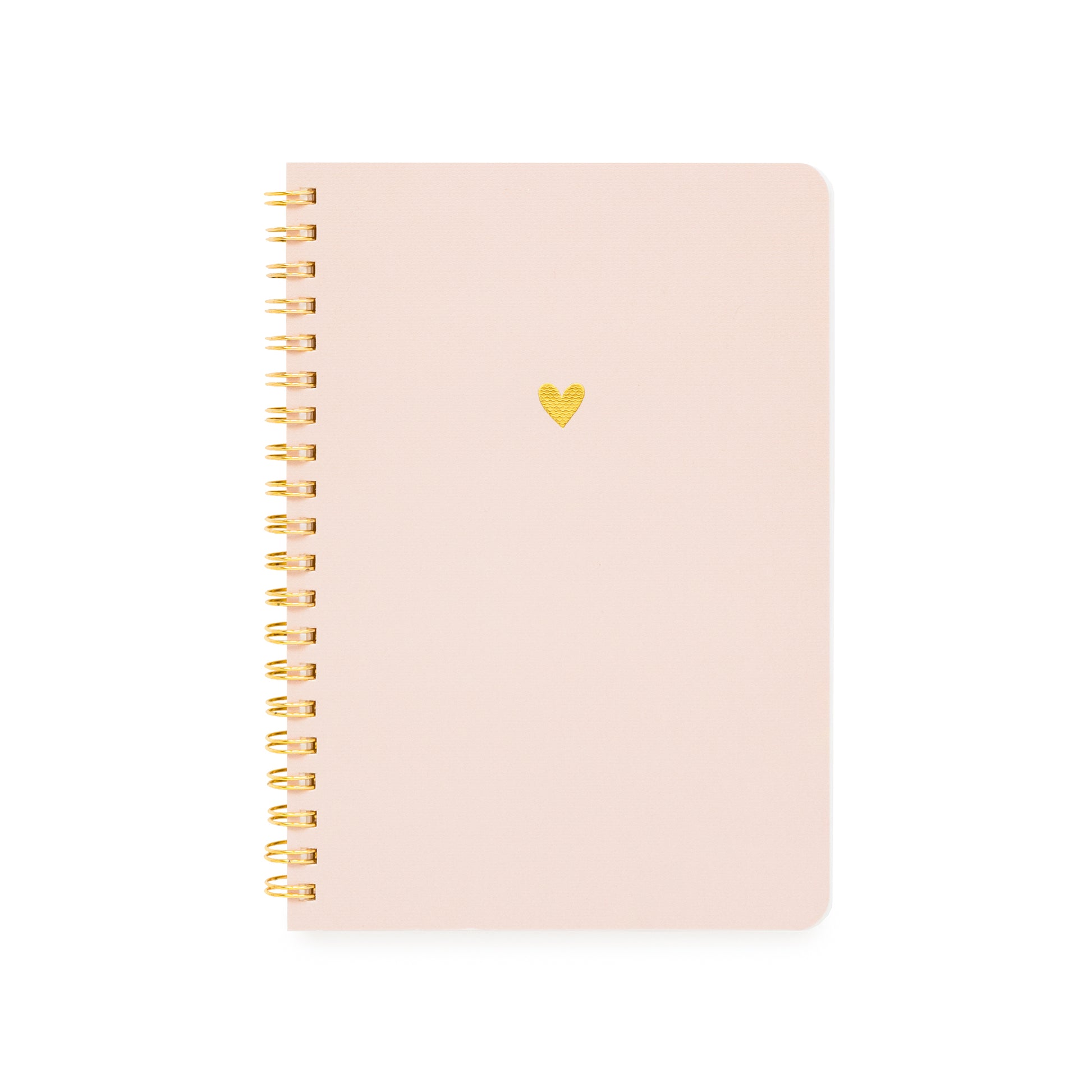 A light pink small spiral-bound notebook with a small gold heart on the front cover