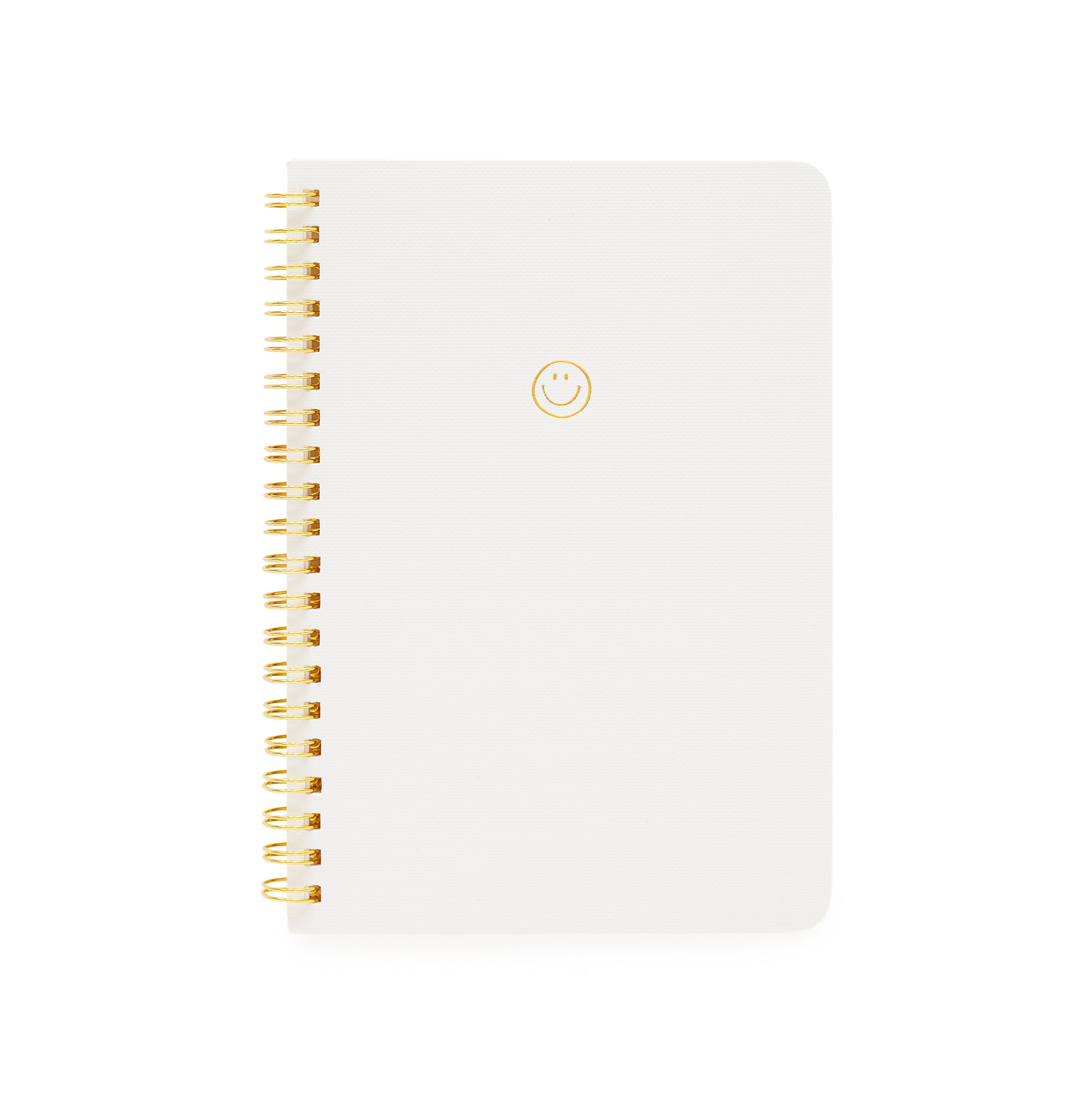 white mini spiral notebook with gold foil smiley face and gold spiral binding