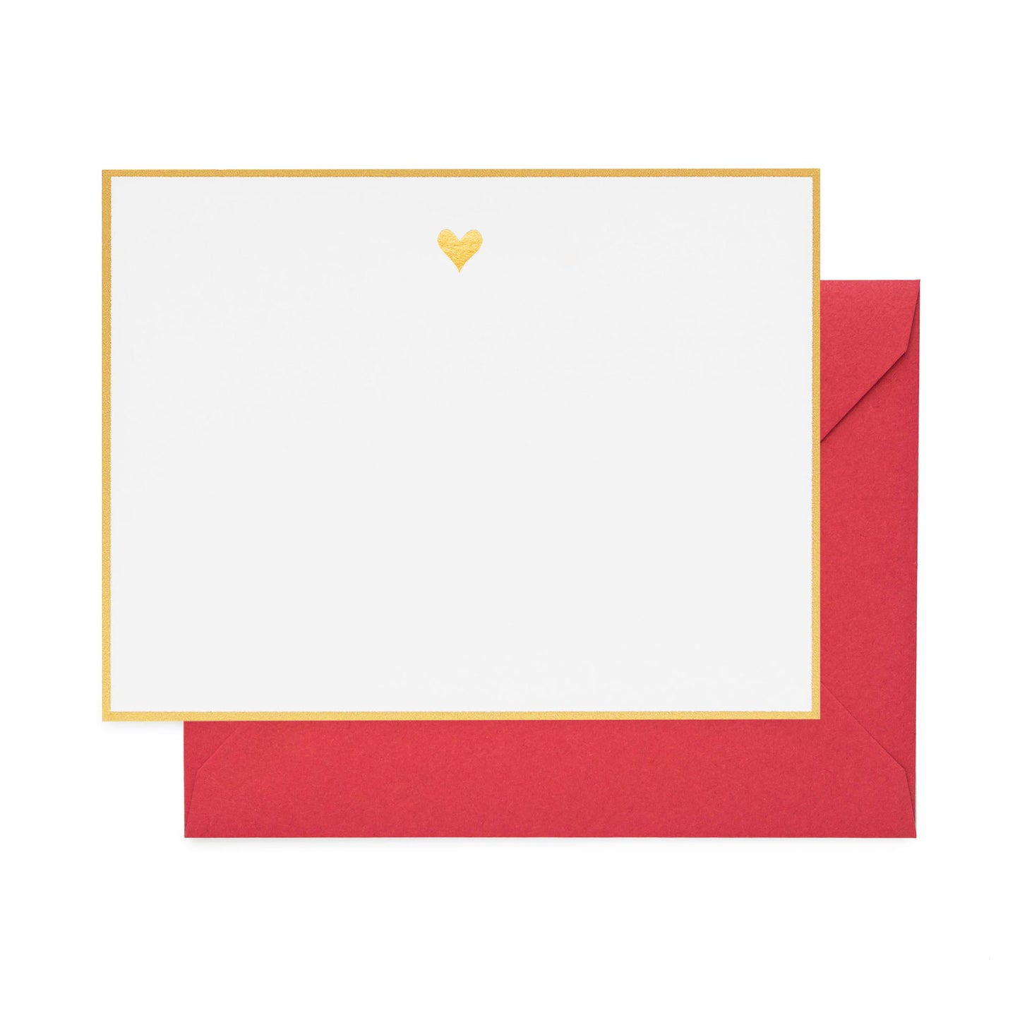 white card with gold border and gold heart, red envelope
