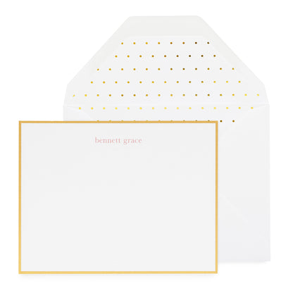 Dusty rose ink custom printed stationery with gold border and gold dot envelope liner