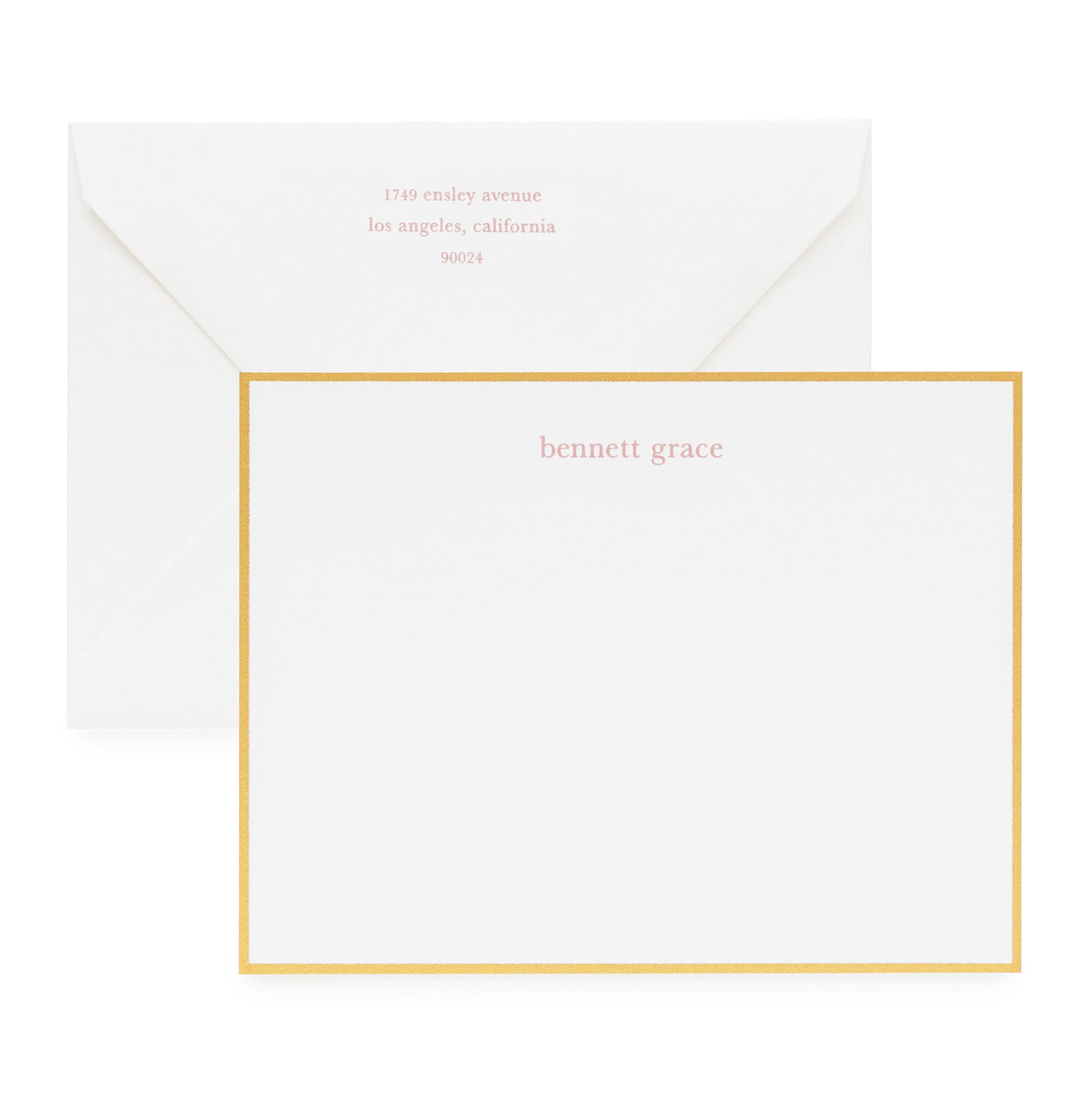 Dusty rose ink letterpress stationery on white paper with white envelope