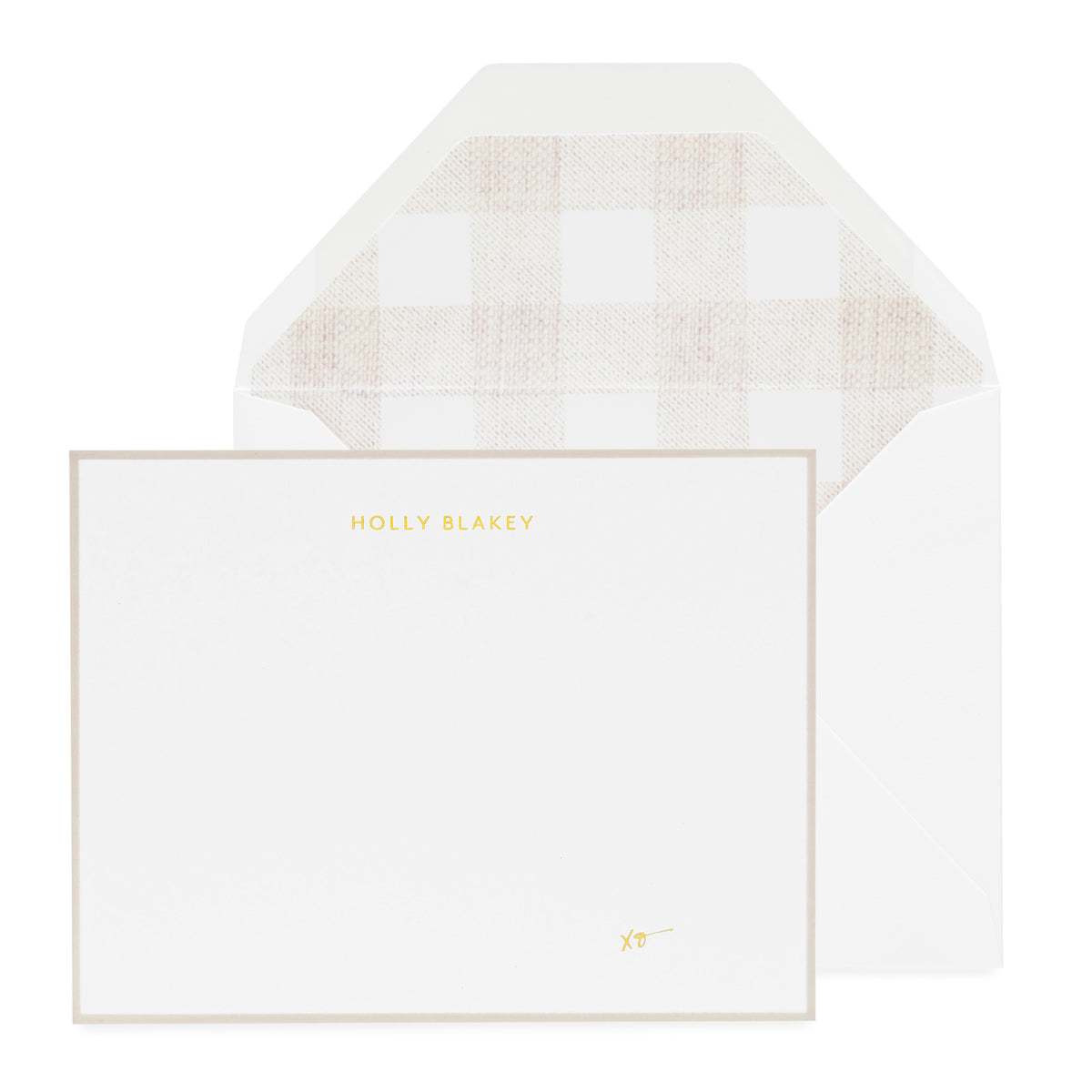 grey and gold foil stationery with flax and white gingham envelope liner
