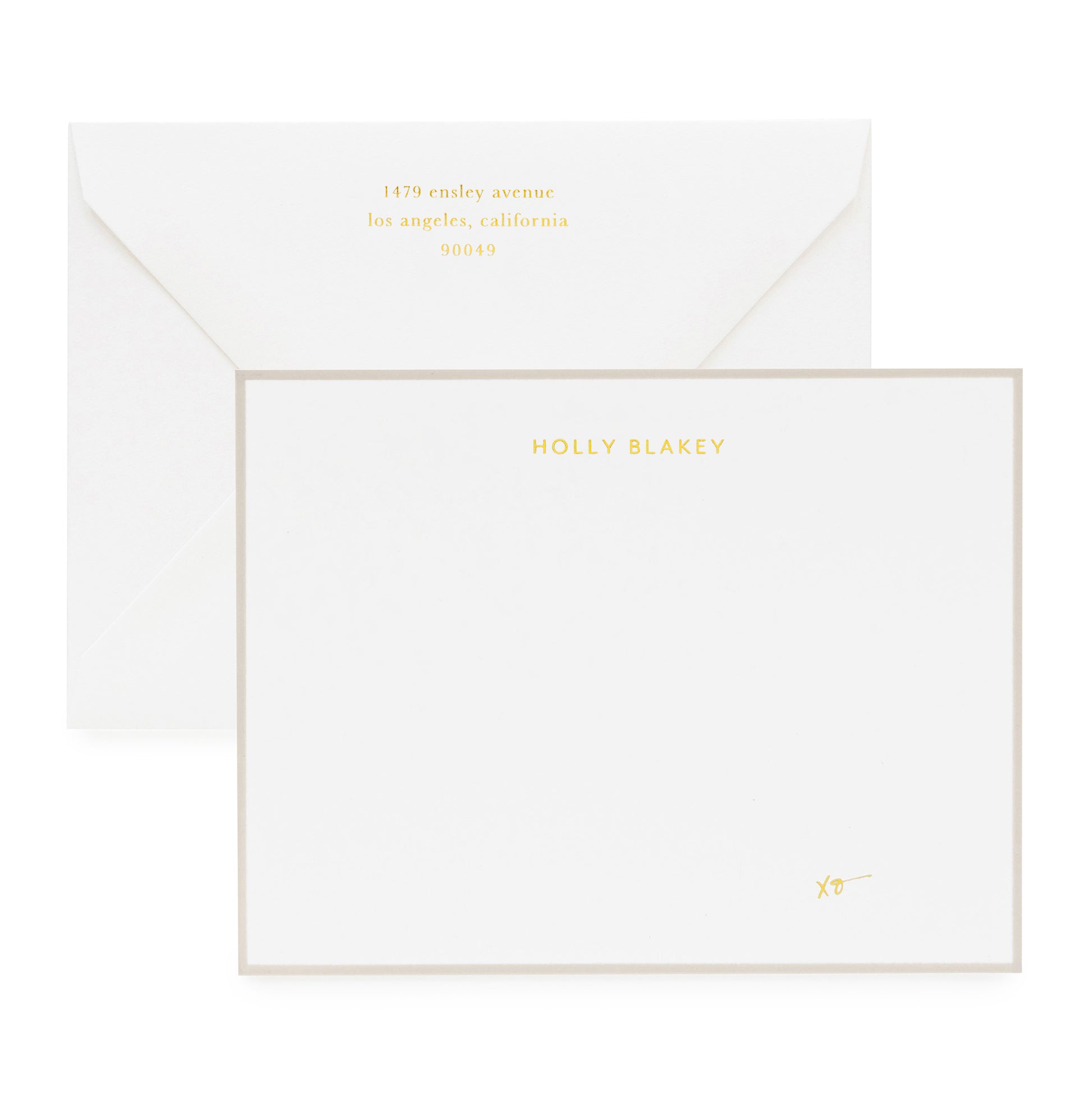 Holly custom stationery with grey and gold foil with xo on stationery and gold foil return address
