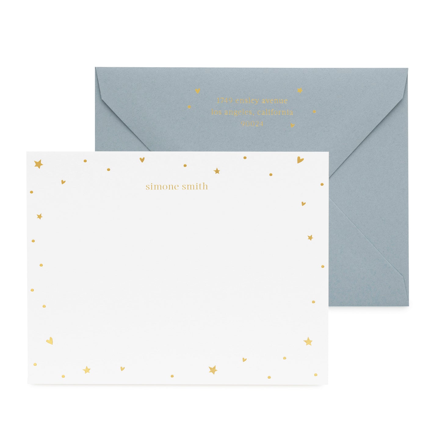 Gold star and heart custom stationery with slate blue envelope with stars and hearts on return address