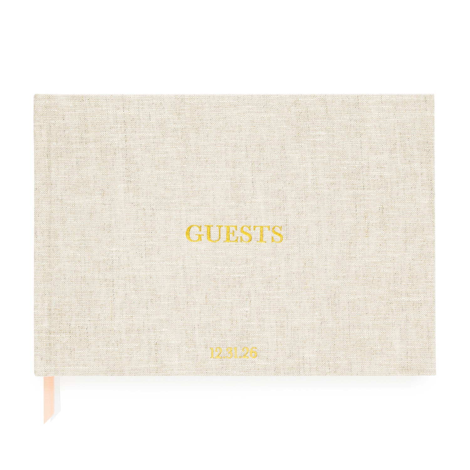 Flax Guest Book with our holiday Guests foil stamped on cover and date monogram}