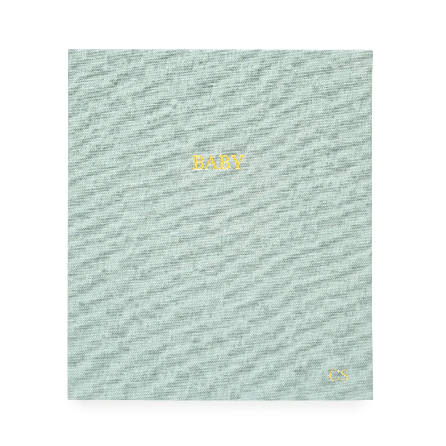 Mist Green Baby book with gold foil baby and monogram initials