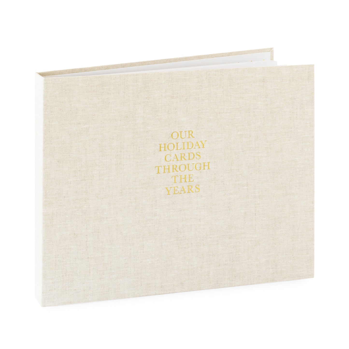 Flax fabric bound keepsake book with gold foil 'our holiday cards through the years' on cover