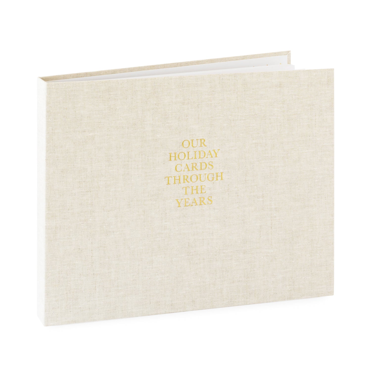 Flax fabric bound keepsake book with gold foil 'our holiday cards through the years' on cover}