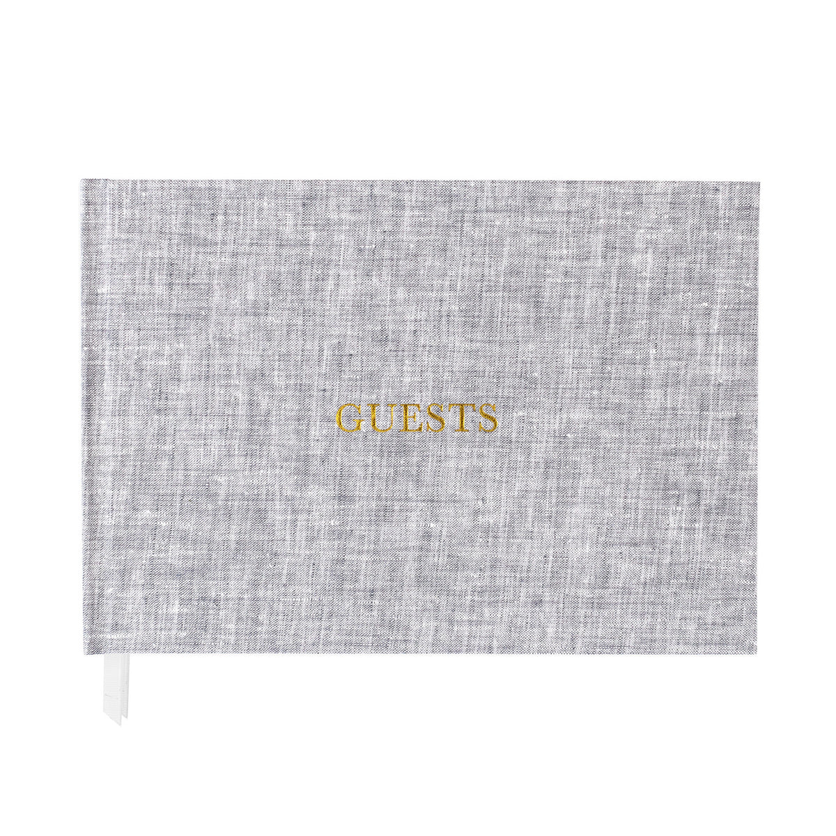 Heather Grey Linen Guest Book with Gold Foil Guests on the Cover