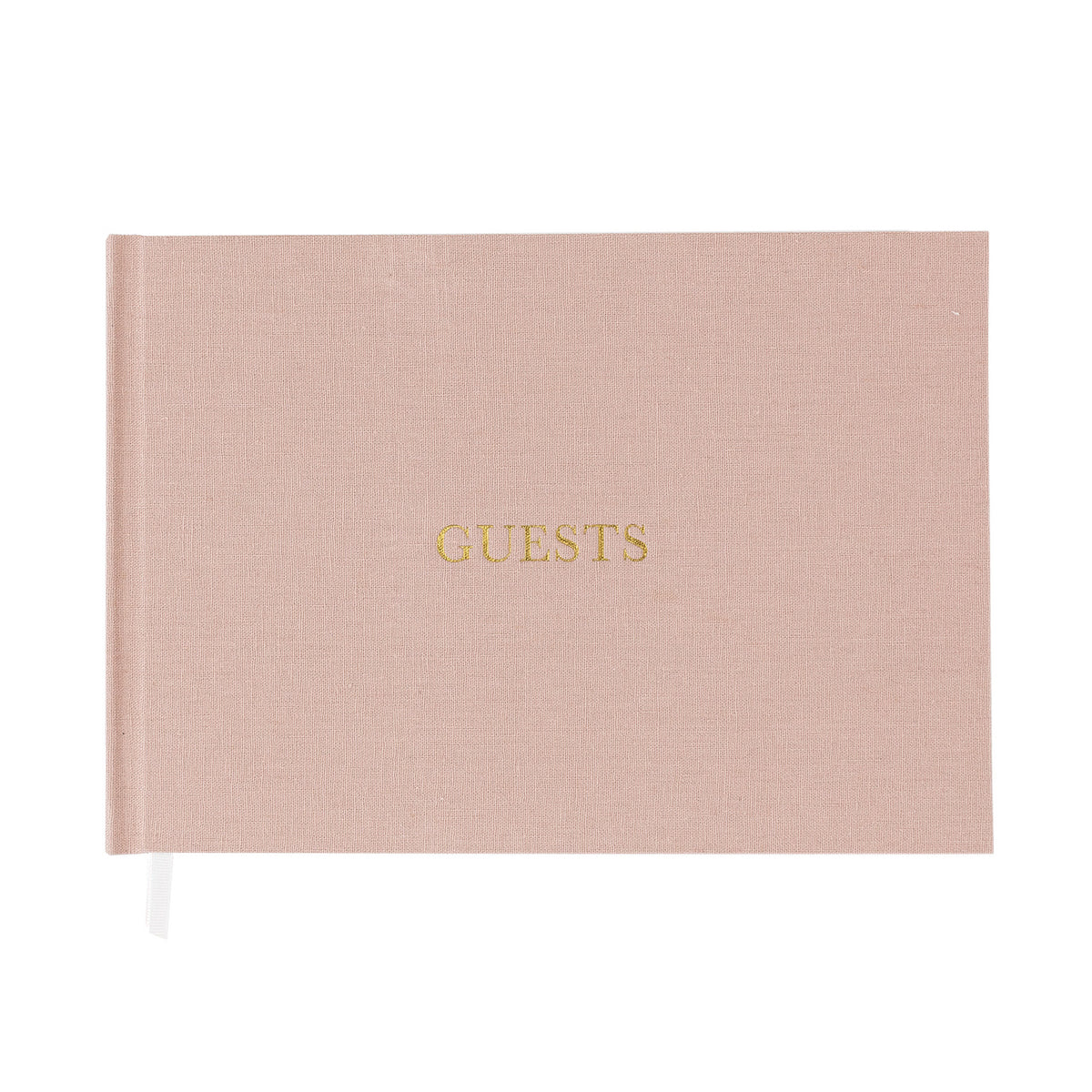 Rose Linen Wedding Guest Book stamped with gold foil "Guests" on the cover