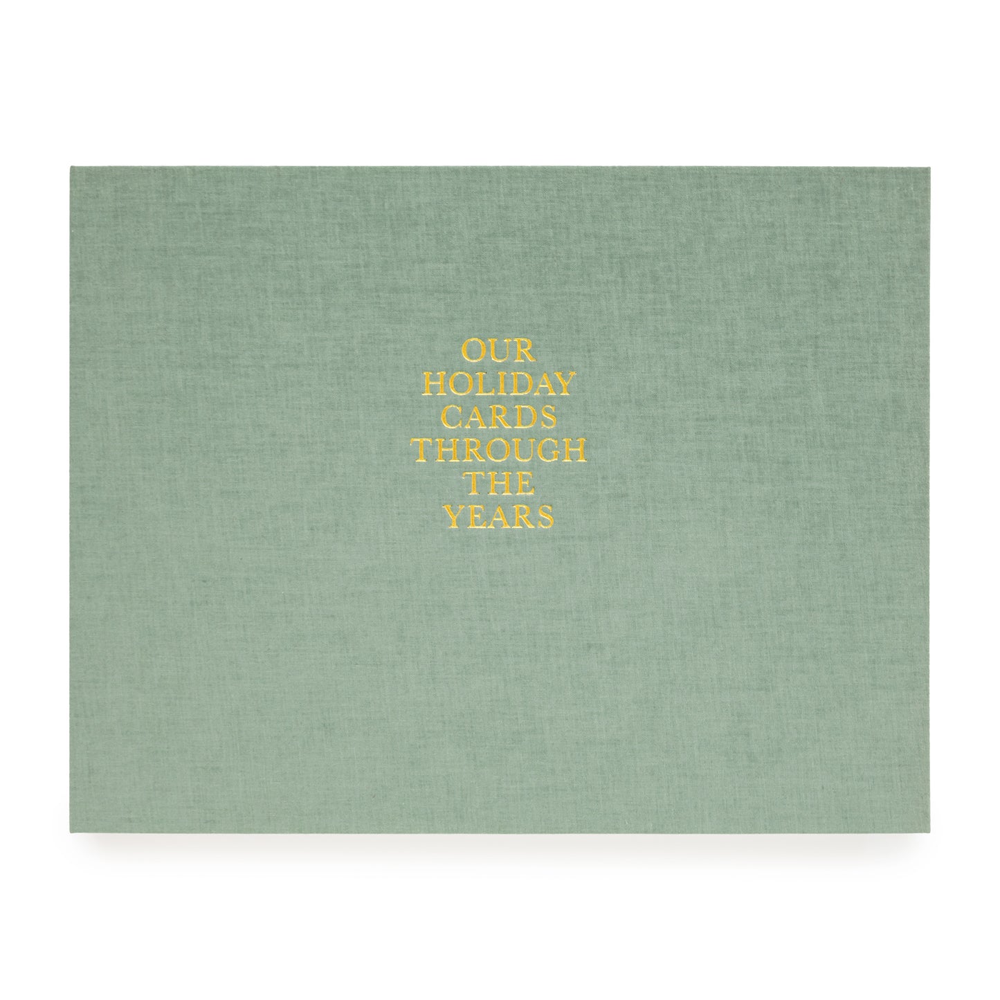 Sage green holiday card book foil stamped with our holiday cards through the years in gold foil on cover