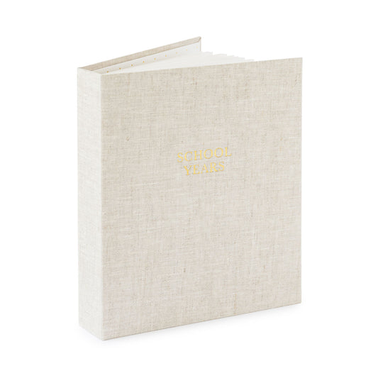flax fabric school years book open showing pages and foil stamped with school years in gold on cover