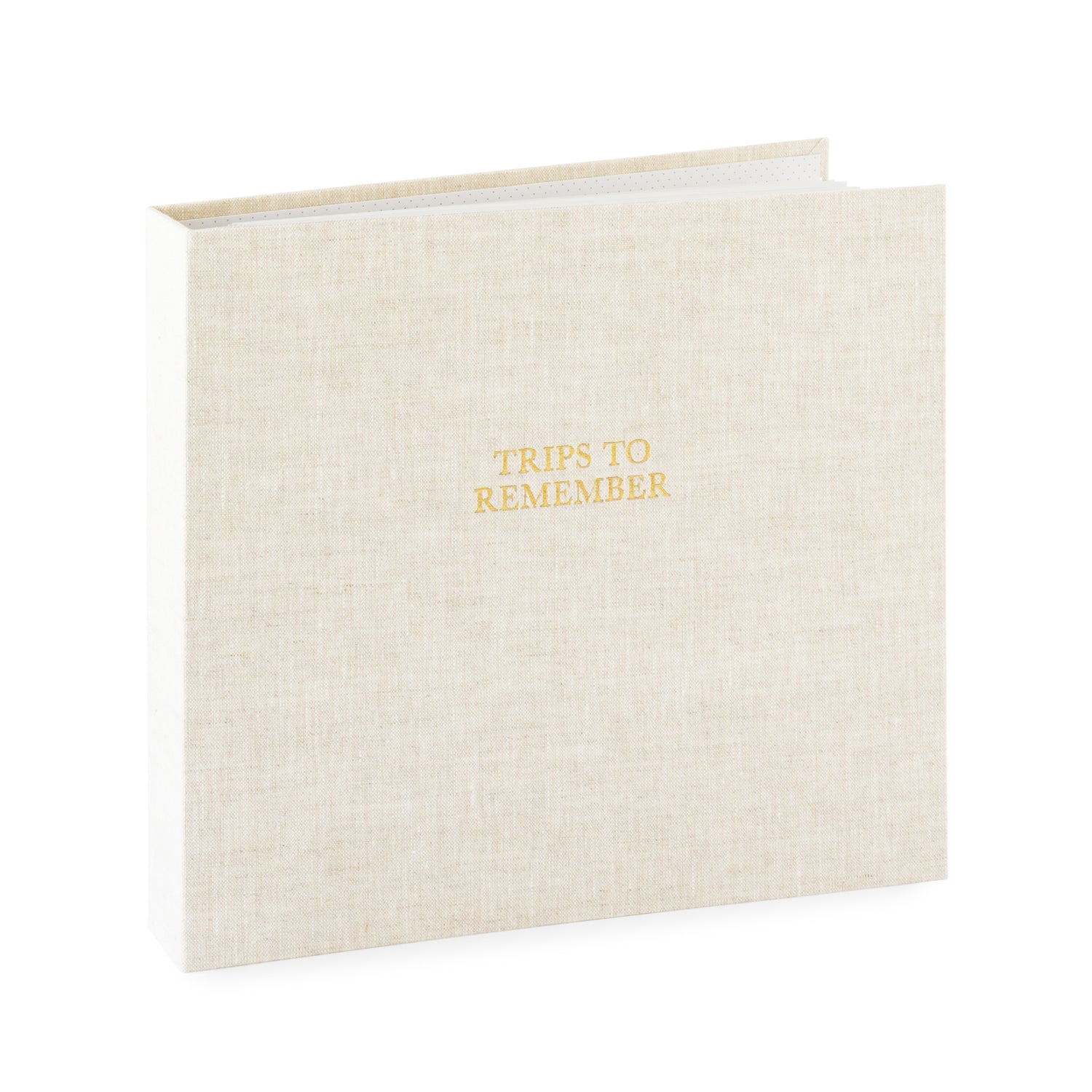 Flax fabric bound photo album with gold foil printed 'trips to remember'}
