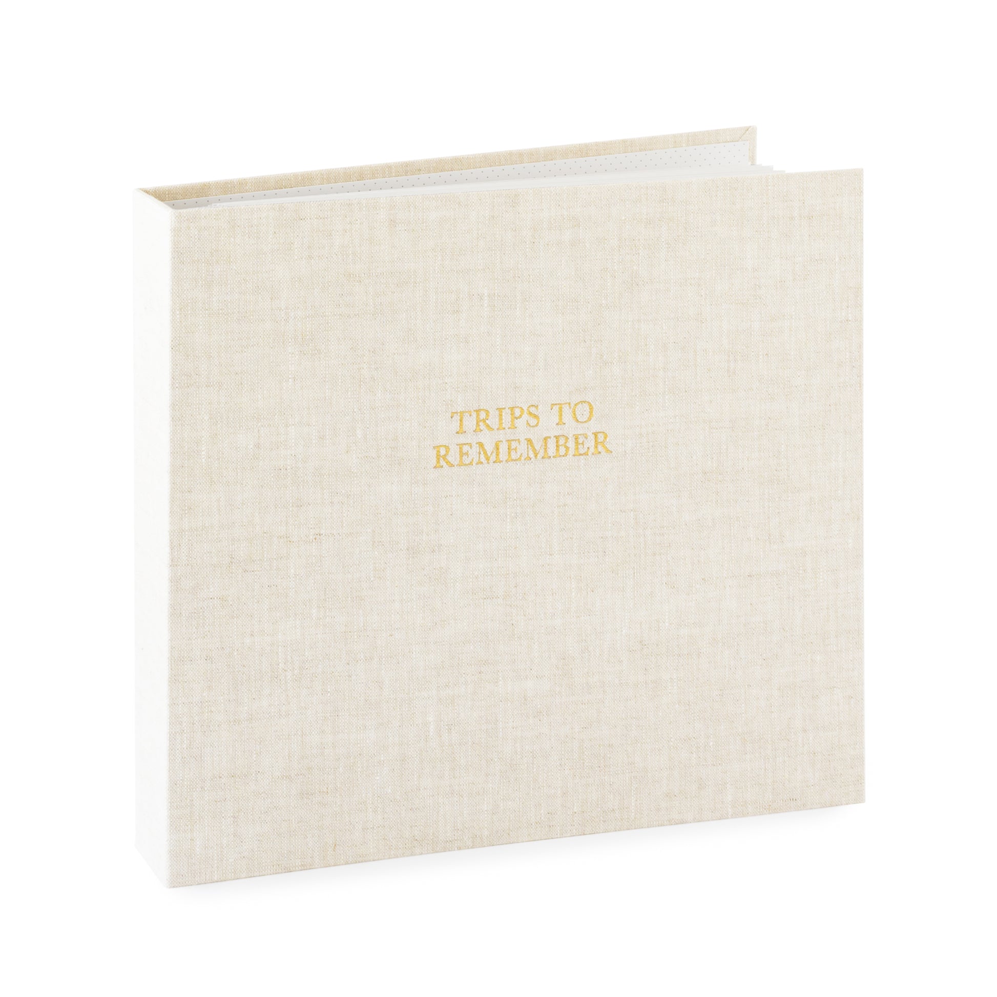 Flax fabric bound photo album with gold foil printed 'trips to remember'
