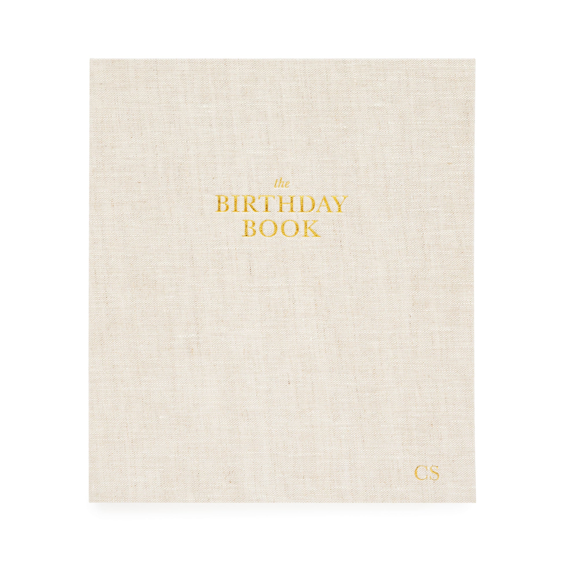 Birthday Book in flax foil stamped in gold with the birthday book and personalized initials