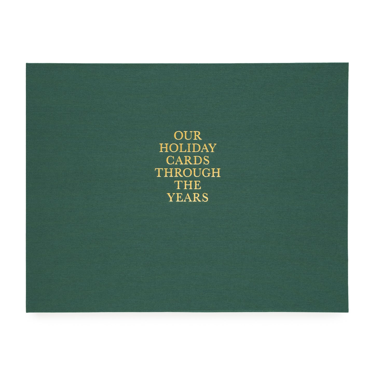 Green fabric album with gold foil printed 'our holiday cards through the years'