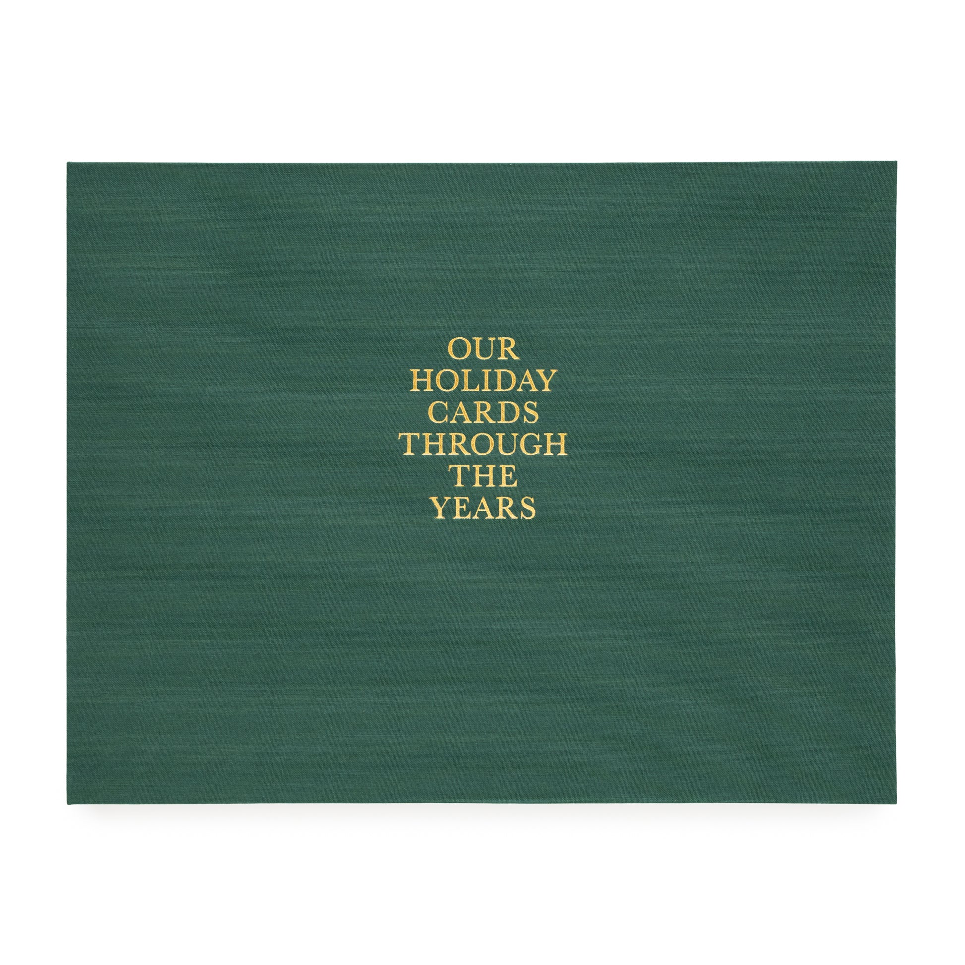 Green fabric album with gold foil printed 'our holiday cards through the years'