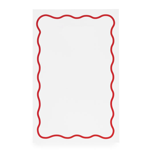 Red scalloped border on white notepad