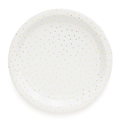 large white with gold dot paper plates