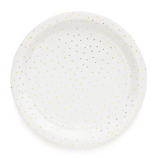 large white with gold dot paper plates