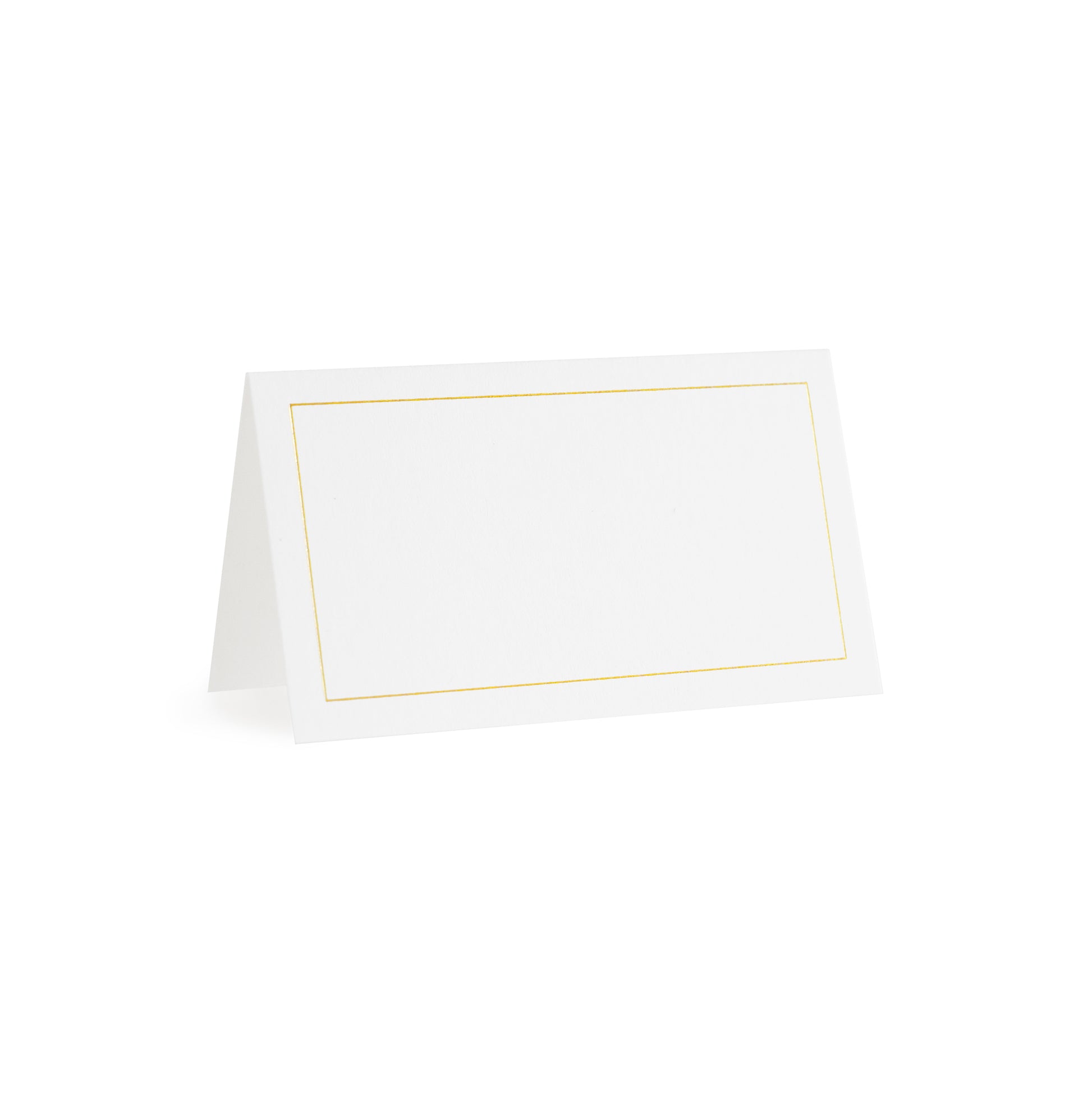 white tented place card with gold thin border