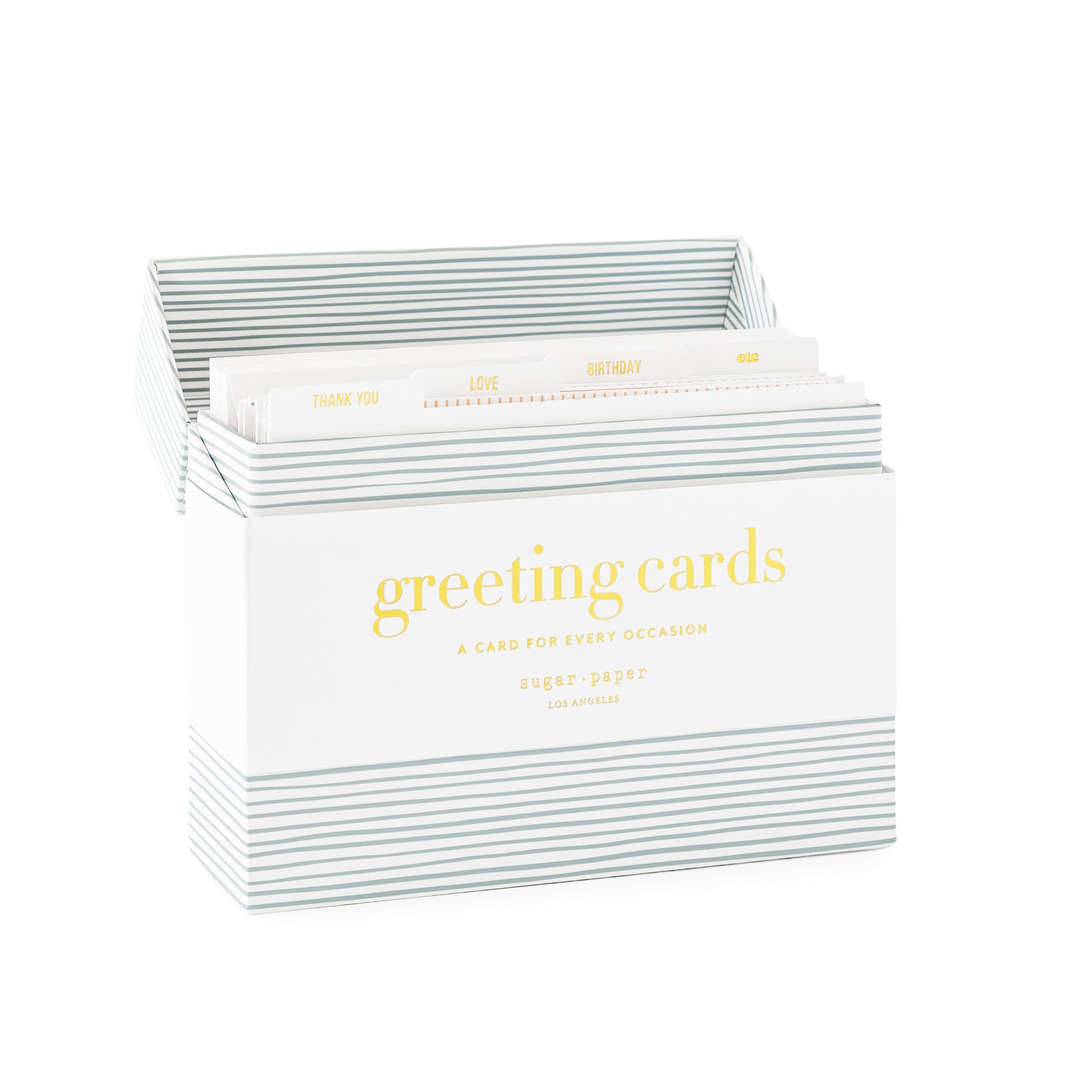 Assorted greeting card blue striped box with white band printed with 'greeting cards a card for every occasion' with tabs for 'thank you,' 'love,' 'birthday,' 'etc'