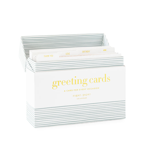Assorted greeting card blue striped box with white band printed with 'greeting cards a card for every occasion' with tabs for 'thank you,' 'love,' 'birthday,' 'etc'