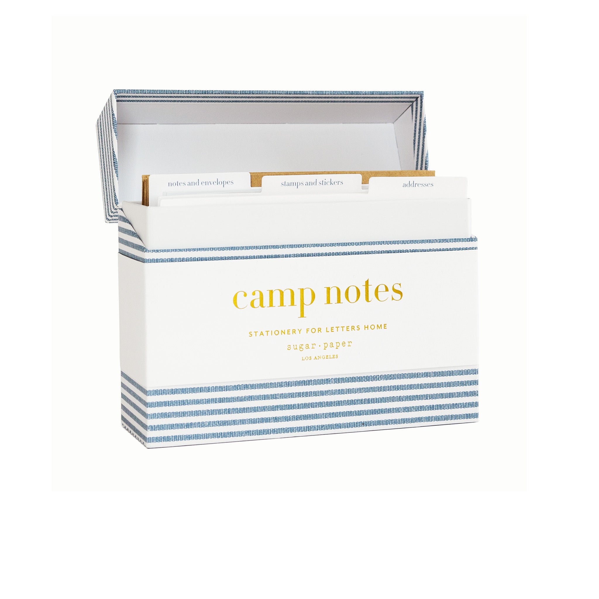 Sugar Paper Camp Notes Set, 12 Prompted Notes with Envelopes and Decorative Stickers, 6.25 x 2 x 5 Storage Box with Dividers, Letters from Camp