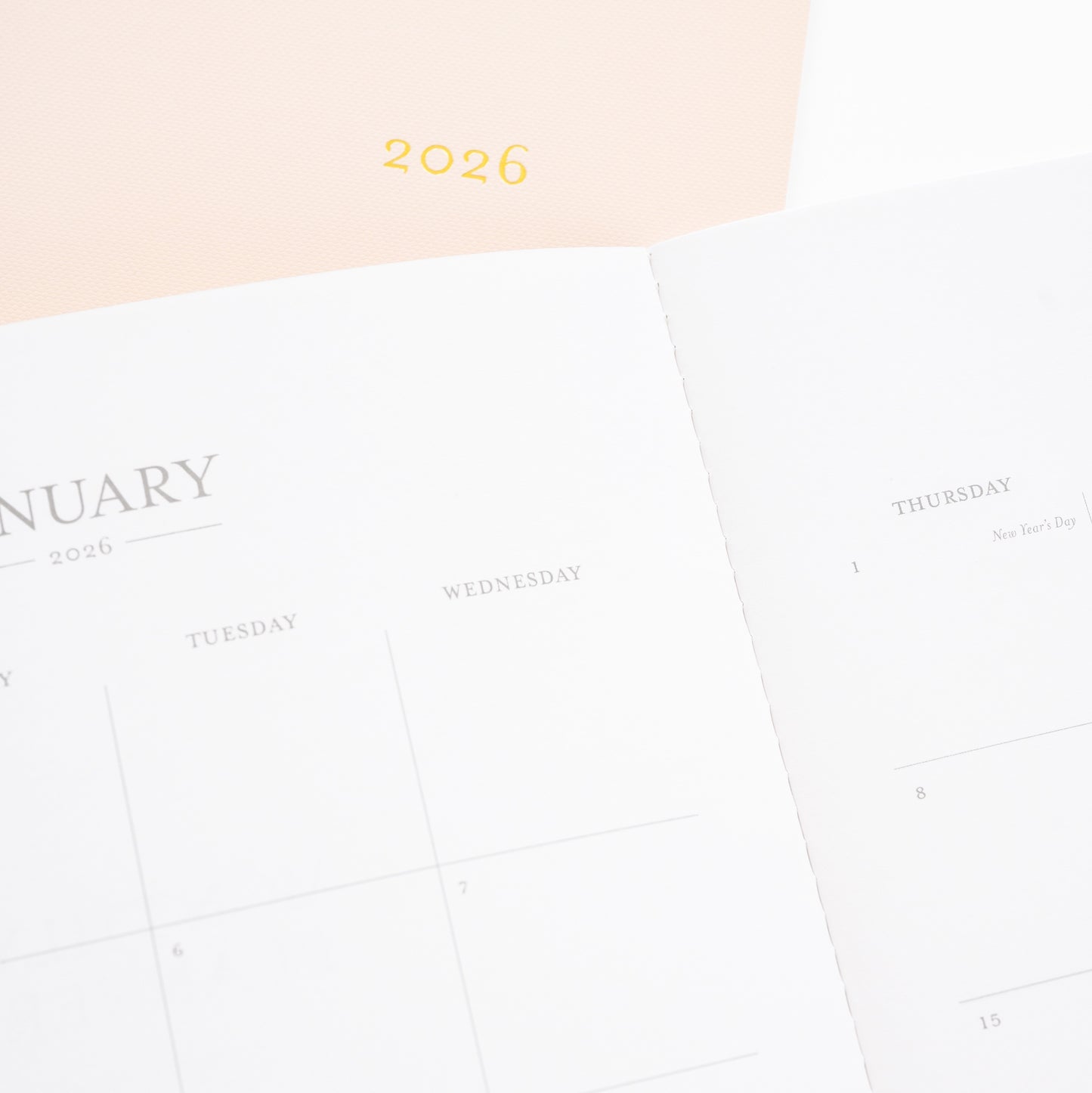 pink monthly 2026 planner with closeup of january 2026 monthly calendar