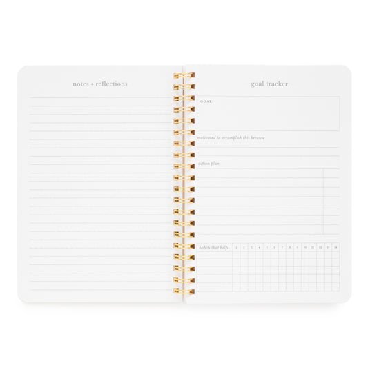 Interior of goal tracker spiral notebook with space for "notes and reflections" and goal tracker with "goal, motivated to accomplish this because, action plan and habits that help" sections.