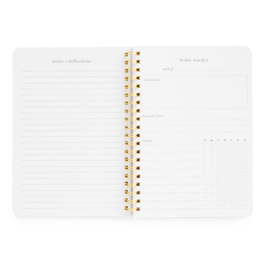 Interior of habit tracker spiral notebook with "notes and reflections" page and "habit tracker" goals with space for "intention," "this week's focus" and space to write habit and mark off for each day of the week