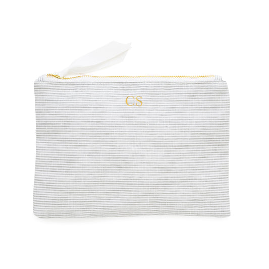 grey and white stripe zippered pouch with gold foil initials