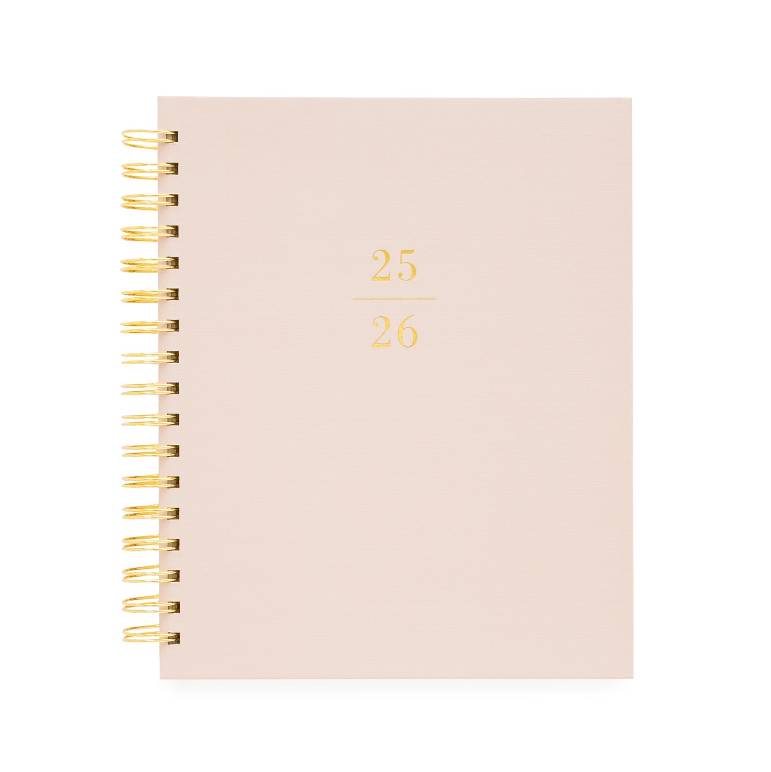 Dusty rose signature spiral planner with 25/26 on the cover in gold foil and a gold spiral binding}