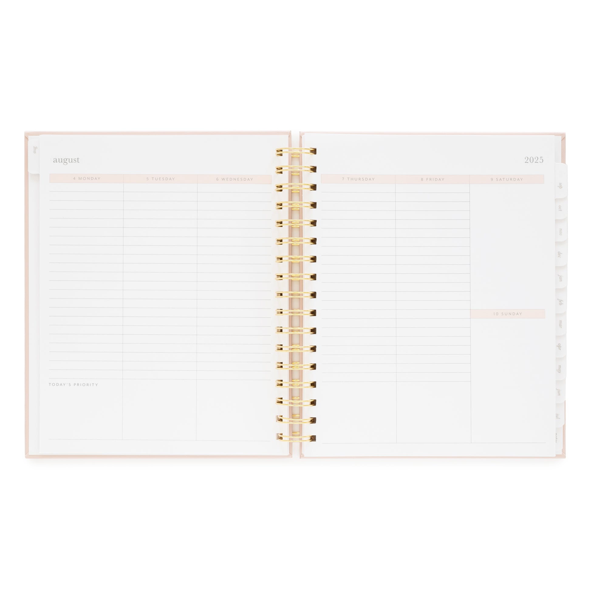 Open spiral bound planner with weekly layout and space for today's priority in the bottom of each day of the week