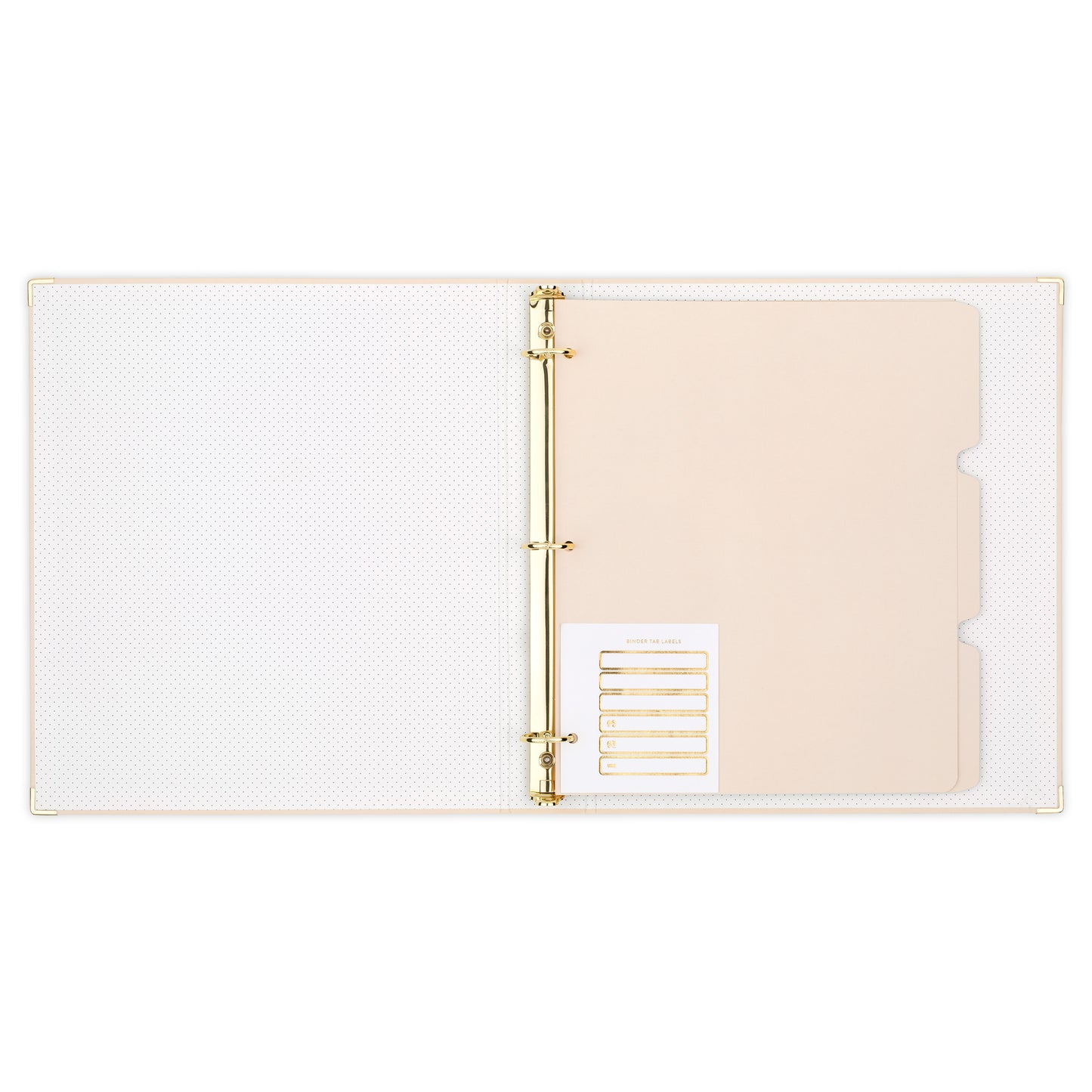 open pale pink binder showing tab dividers