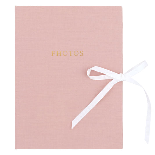 Pink fabric photo album with ribbon ties