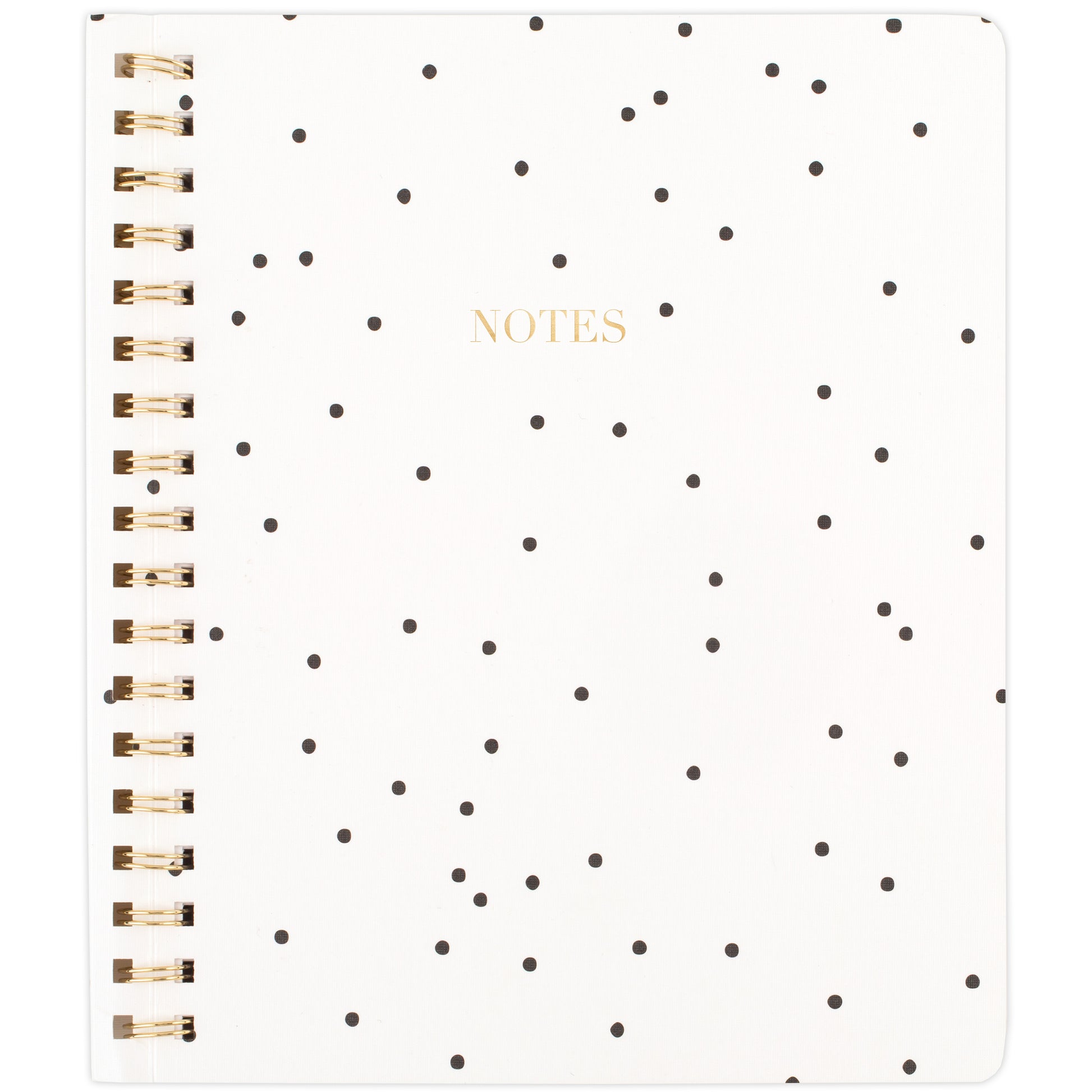 Black dot on white spiral notebook with gold foil NOTES on cover