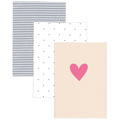 3 pack of journals in alternating patterns with dots, stripes and pink heart