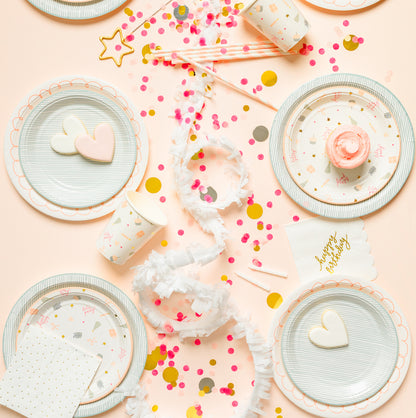 pink blue white and gold party tablescape with confetti