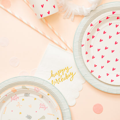 Neon pink heart plate and cup mixed with birthday patterns