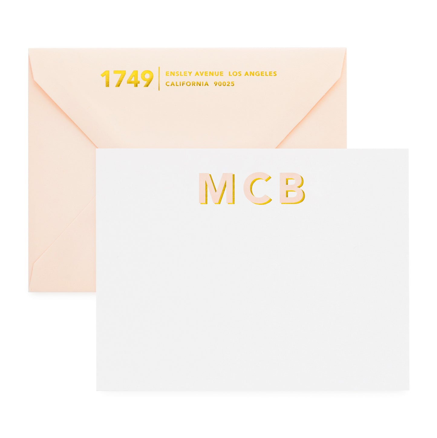 Pale pink and gold foil bold letters with pale pink envelope