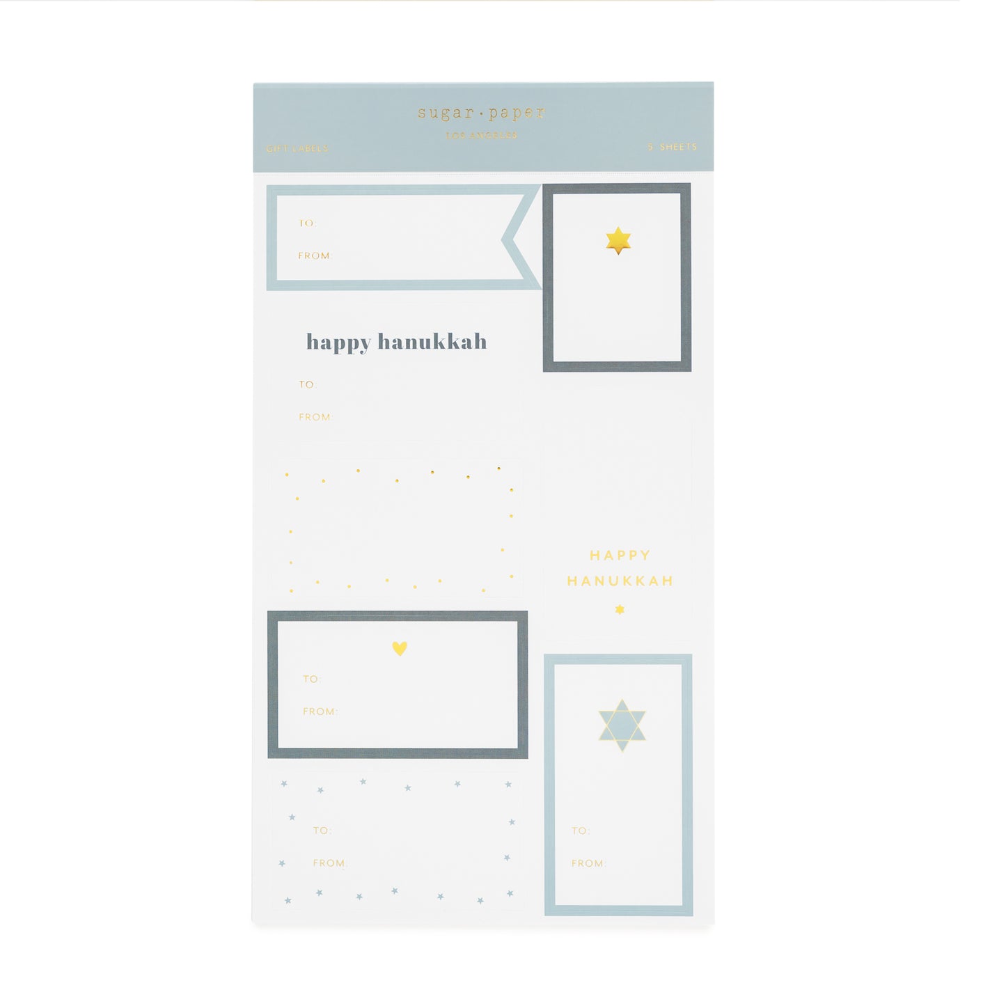 sheet of 8 hanukkah stickers in blue, white, and gold