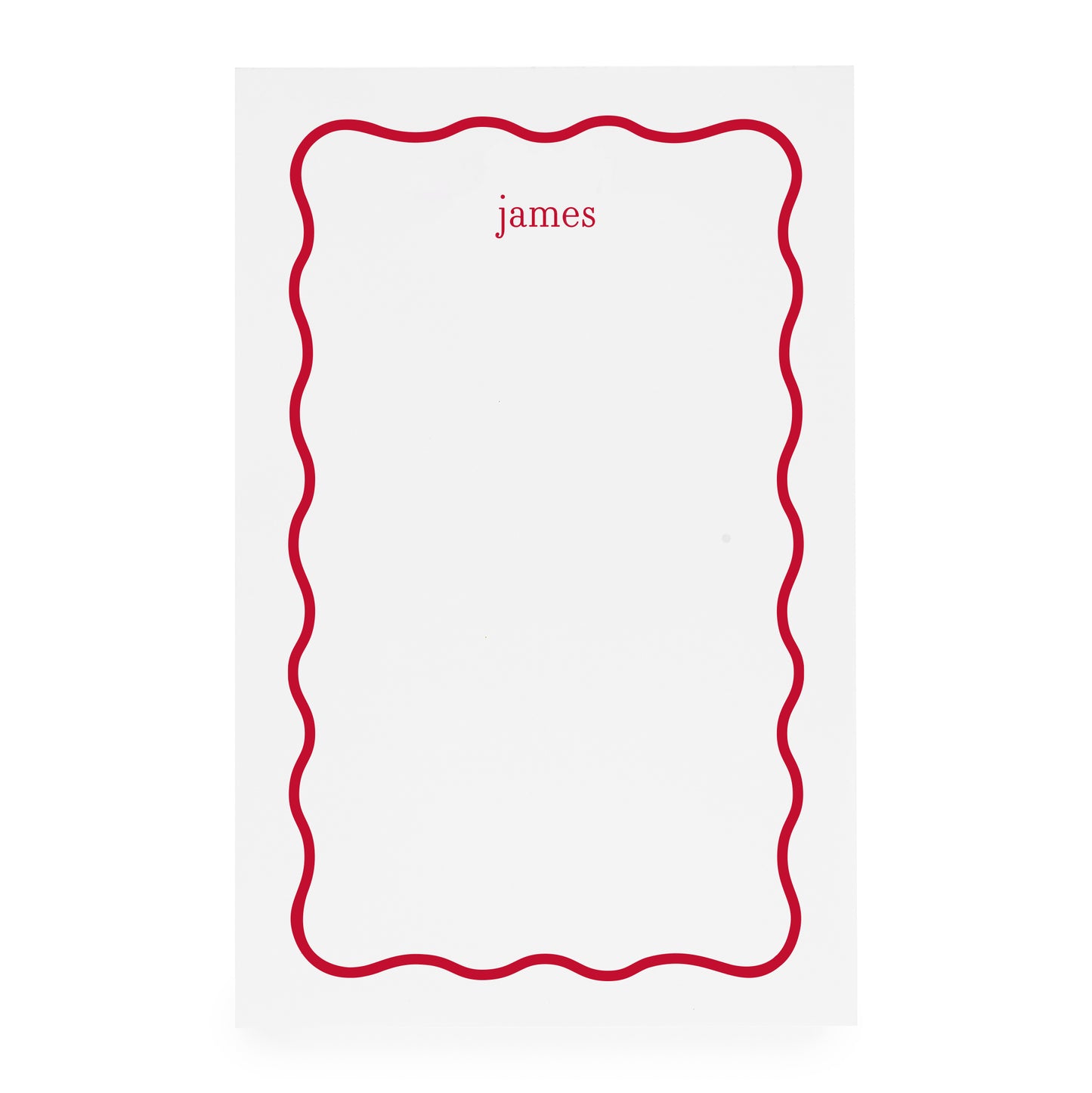 White notepad with red scallop border and 'james' text
