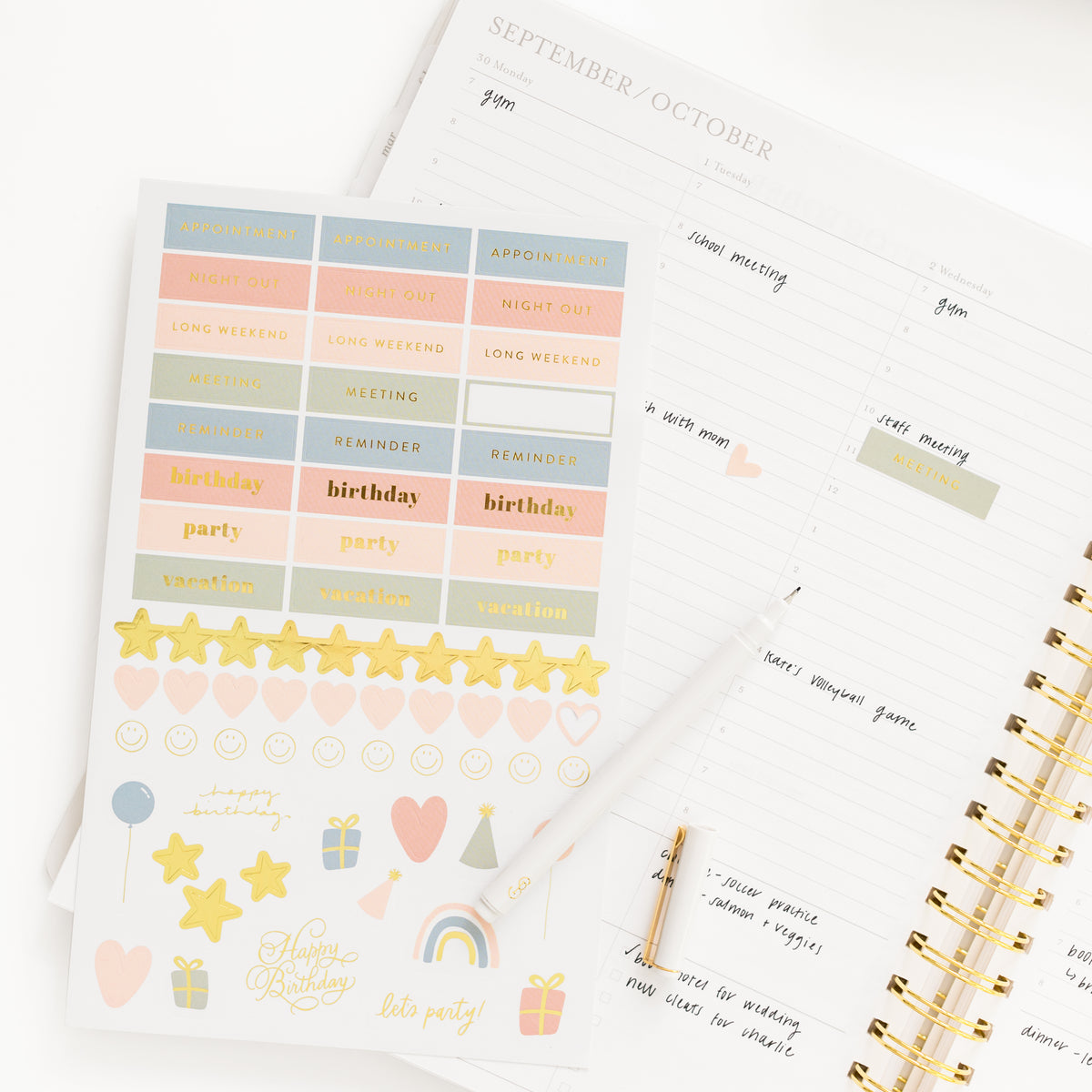 planner stickers in pink green and blue