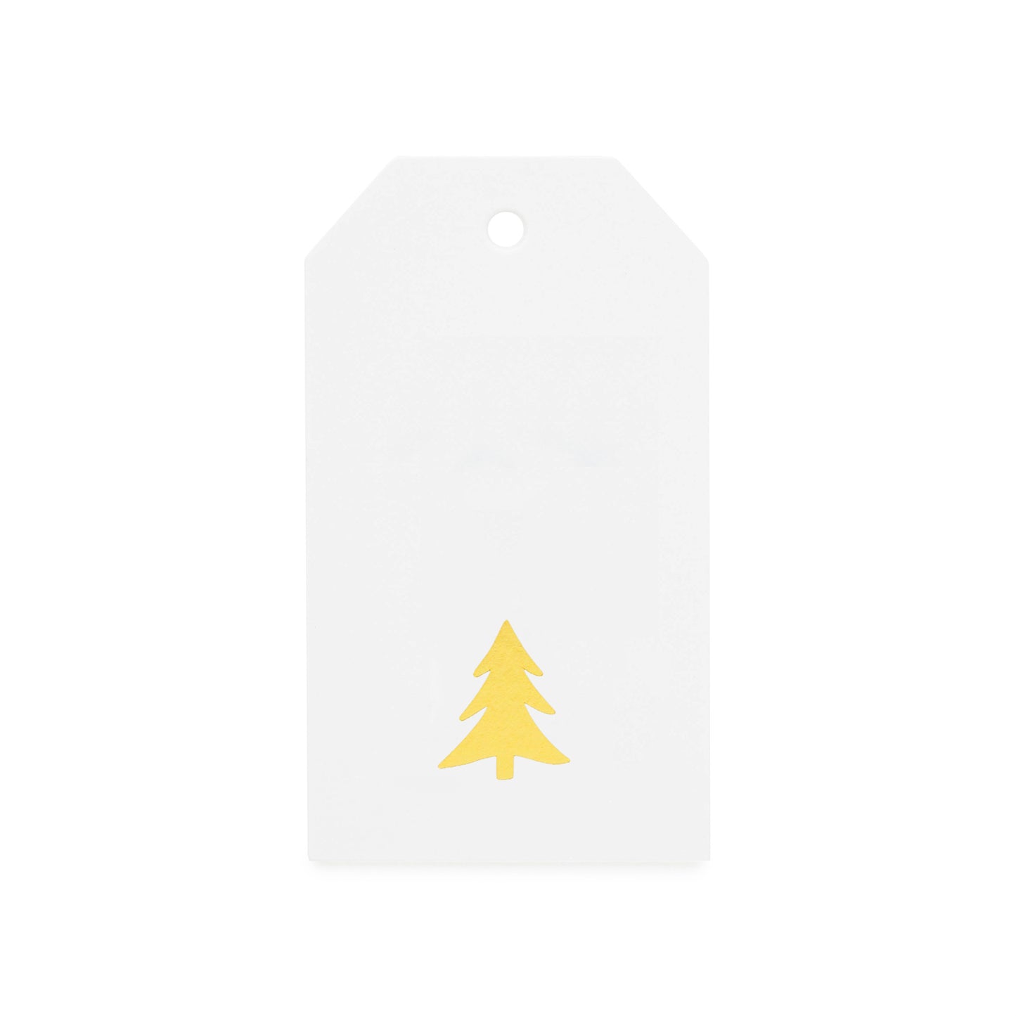 White tag with a gold foil Christmas tree design