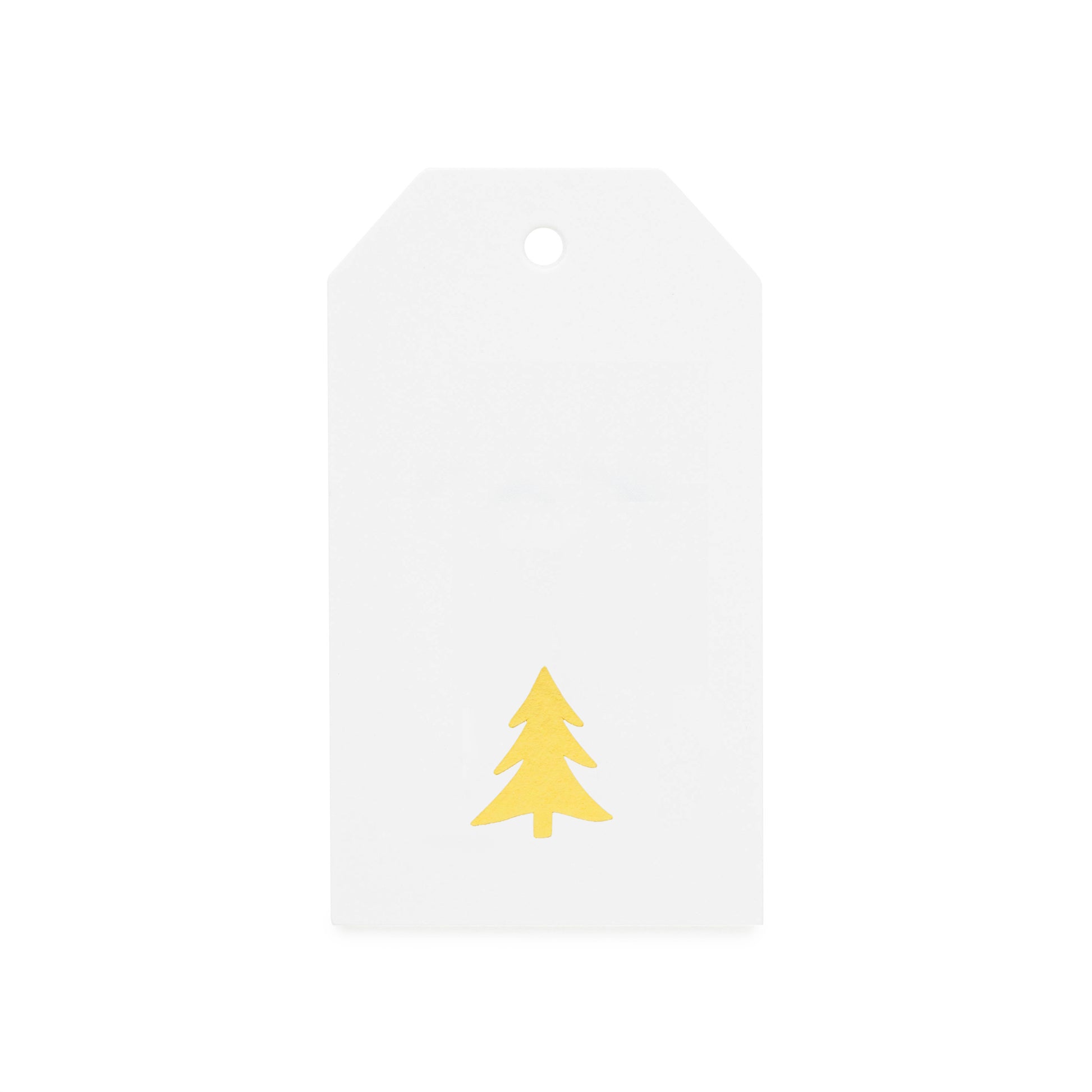 White tag with a gold foil Christmas tree design