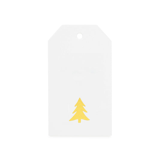 White tag with a gold foil Christmas tree design