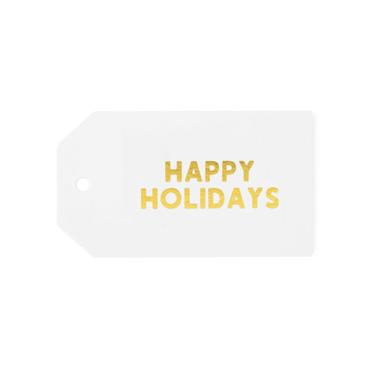 White gift tag with 'Happy Holidays' text in gold