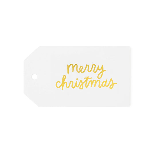 White gift tag with 'Merry Christmas' in gold 