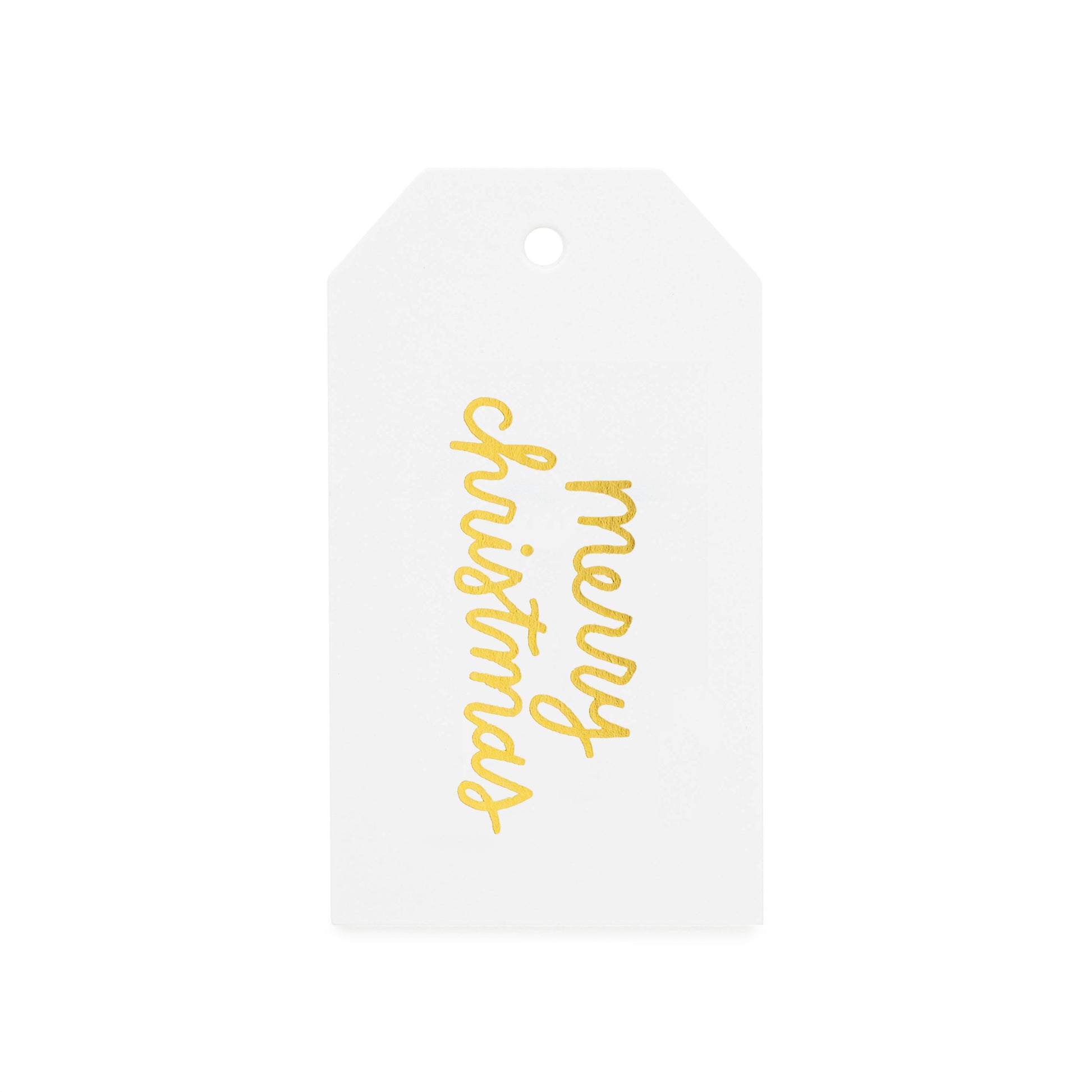 White gift tag with 'Merry Christmas' in gold 